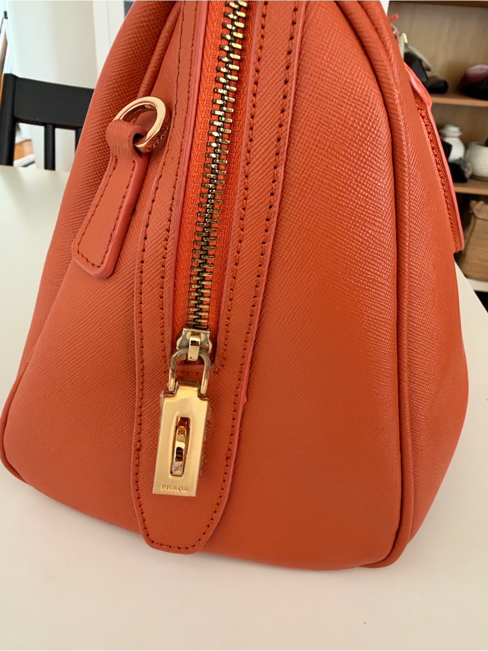 Prada Saffiano Lux Bowler Bag Papaya Orange Leather Top Handle Satchel - Picture 9 of 15